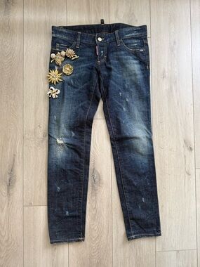 DSQUARED2 Dark Blue Skinny Jeans with Gold Floral Embellishments. Size 40